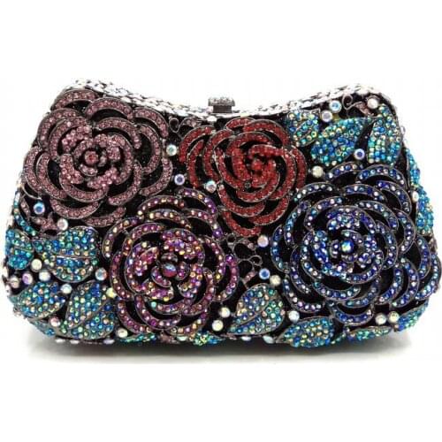 Fashion women evening party handbag diamonds elegant purses luxury clutch bridal wedding party rose flower crystal purses bag