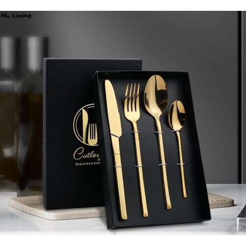 304 Stainless Steel Golden Cutlery Set Black Luxury Dinnerware Set Kitchen Cutlery Mirror Polishing Fork Spoons Knives Set 4Pcs