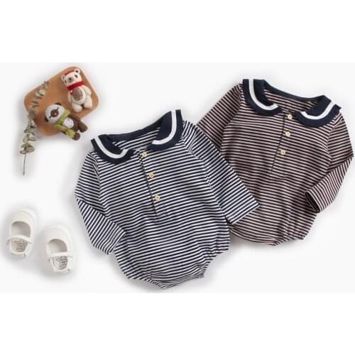 Toddler Baby Kids Girls Clothes Round Neck Long Sleeve Button Romper Cotton Autumn Newborn Navy Style Jumpsuit One Pieces INS