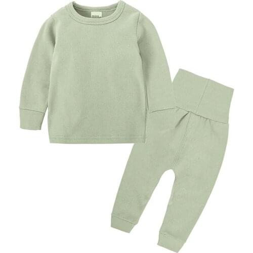 Teenage Boys Girl Solid Color Thermal Underwear Pajama Sets Autumn Winter Kids Long Sleeve O-Neck Sleepwear+Pants Home Clothing