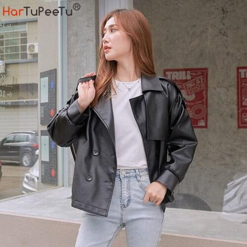 Autumn Girls Moto Biker Leather Jacket Women Black PU Spring Coat Double Breasted Korean Style Loose Casual Outwear Streetwear