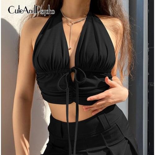 Sexy Deep V-neck y2k Brown Camisole Women Aesthetic Fashion Harajuku Crop Halter Tops Summer Lace-up Backless Tees Cuteandpsycho