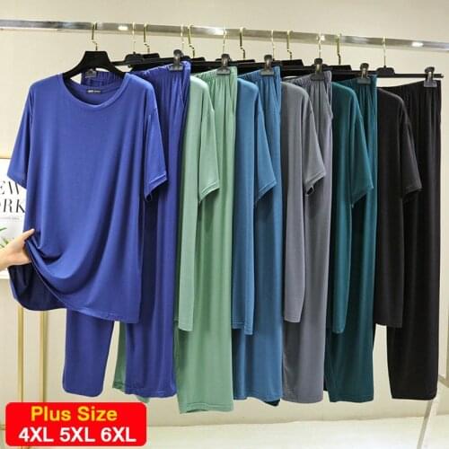 Plus Size 4XL 5XL 6XL Mens Pajamas Set Blue Gray Green Modal Short Sleeve Home Clothes Loose Casual Man Sleepwear Homewear Suit