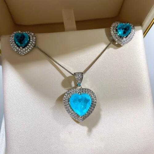 Luxury Womens Jewelry Sets Paraiba Blue Stud Earrings Heart For Anniversary Fashion
