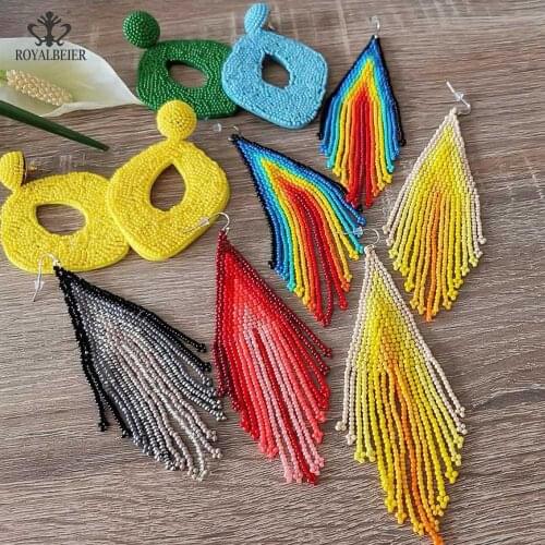 ROYALBEIER Bohemian Long Tassel Acrylic Feather Shape Beaded Pendant Earrings Wedding Party Charm Jewelry Earrings