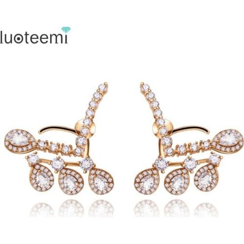 LUOTEEMI Spalkling Teardrop Cubic Zircon Double Sided Ear Jacket Stud Earrings For Women Champagne Gold-Color Jewelry