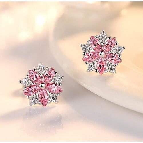 Luxury Small Flower Stud Earrings for Women Girls Fashion Kpop Pink White Cubic Zirconia Crystal Earring Minimalist Jewelry Gift