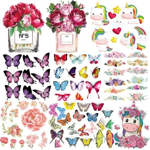 Iron-on Transfers Patches Beautiful Flowers Parches Butterfly Set Heat Transfers Stickers Print On Girl T-shirt Shoes Hat Socks