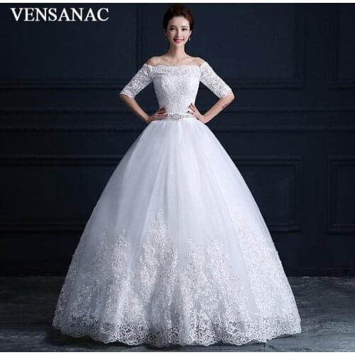 VENSANAC 2018 Sequined Boat Neck Lace Appliques Ball Gown Wedding Dresses Crystal Sash Half Sleeve Bridal Gowns