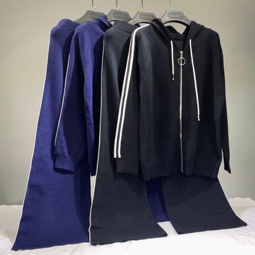 Retro Vintage ladies dark Blue wide leg pants female Sportswear two piece set women clothing S7755