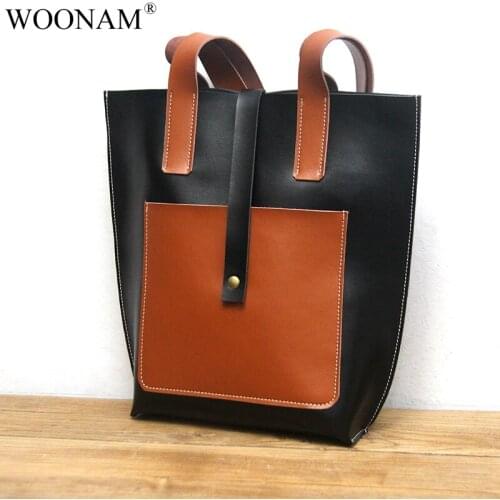 WOONAM Women Fashion Contrast Color Genuine Calf Leather Medium Tote Handbag WB637