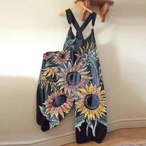 Boho Floral Printing Jumpsuits Women Summer Plus Size Overall Long Loose Strap Romper Combinaison Femme