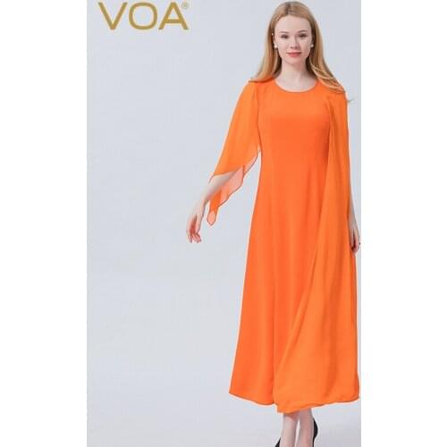VOA Silk Sunward Orange 30m/m Sleeveless Folding Hem Split Stuck Splicing Asymmetric Dress AE1013