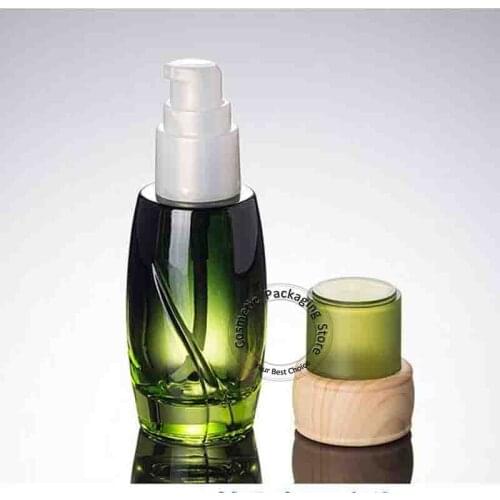 3pcs/Lot Empty 40ml Green Glass Bottle with Press Pump Bottle Wooden Shape Lid for Lotion Pot 40g Cosmetic Emulsion Bottle