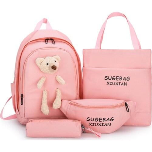 4pcs/Set 2021 Kawaii Bear Backpack Female Canvas Bagpack School Bags For Teenage Girls Women Laptop Back Pack