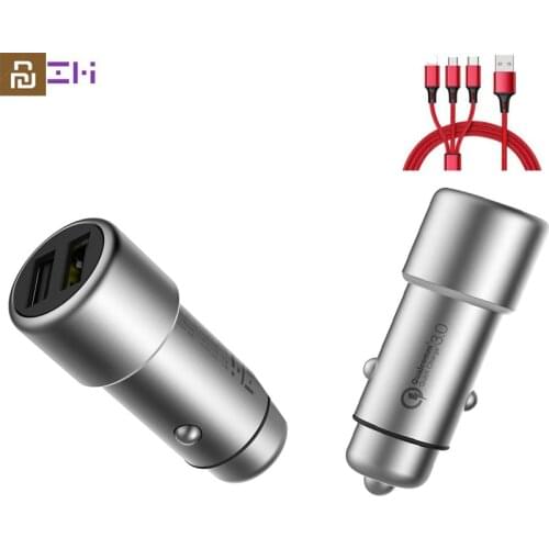 Youpin ZMI Car Charger with 3in1 Cable Dual USB QC 3.0 Quick Charge 5V 2.4A Metal for Xiaomi iPhone Samsung iPad Huawei Phone