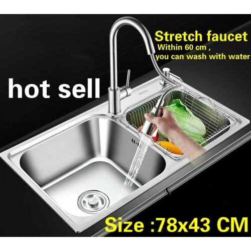 Free shipping 304 stainless steel double groove big standard kitchen sink stretch tap wash dishes 78x43 CM