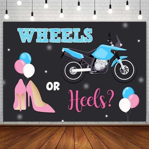 Gender Reveal Party Backdrops Baby Shower Wheels Or Heels Pink Bluey Boy Or Girl Balloon Photography Background Props Photophone