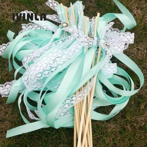 Hot Selling 50Pcs/Lot Green Lace Wedding Ribbon Wands with Sliver Bell For Wedding Decoration