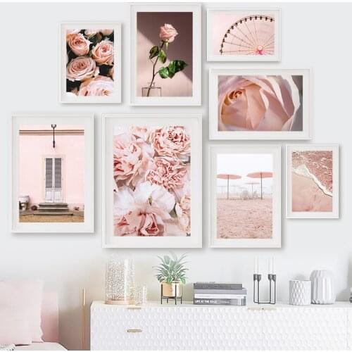 Pink Rose Flower Beach Ferris Wheel Door Wall Art Canvas Painting Nordic Posters And Prints Wall Pictures For Living Room Decor