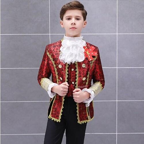 2020 Boys European Court Drama Costume Children White Stage Prince Charming Performance Suit Set Kids Blazer Vest Pants 3 Piece