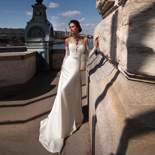 O-neck Illusion Applique Lace Wedding Dresses Mermaid Satin Fabric Crystal Sashes Long Sleeve Wedding Gowns Bride Dress