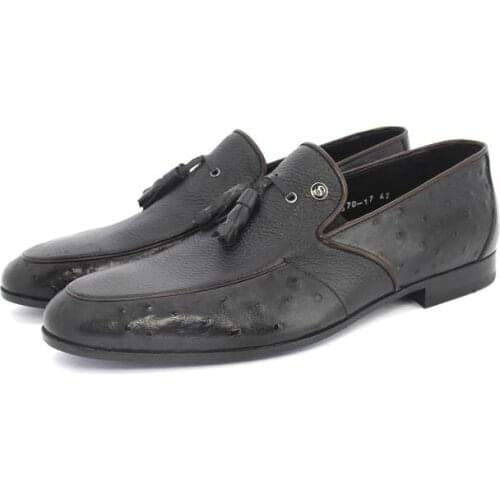 Premium Handmade Tassel Loafers with Leather Soles, Deer Leather & Ostrich Patterned Embossed Calf Leather, Mens Classic Shoes