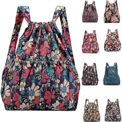 Fashion Drawstring Backpacks Women Lightweight Large Capacity Flower Ethnic Style Waterproof Nylon Rucksack Shoulders Backpacks