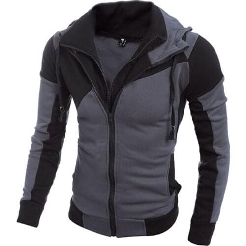 Men Solid Pullovers Spelling Color Double-deck Zipper Even Hat Cardigan Men Clothes Slim Fit Jumpers Casual Hooded