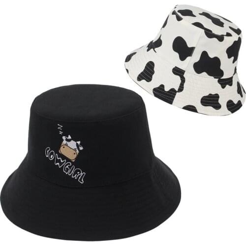 New Fashion Double Side Black White Cow Pattern Bucket Hats Fisherman Caps For Women Summer