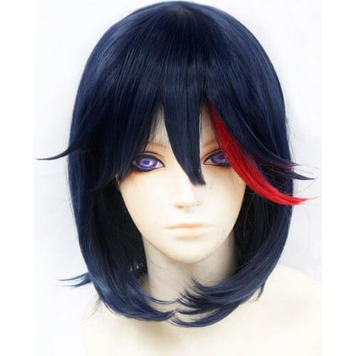 Anime KILL la KILL Matoi Ryuko Cosplay Wigs Short Navy Blue With Red Heat Resistant Synthetic Hair Wig + Wig Cap