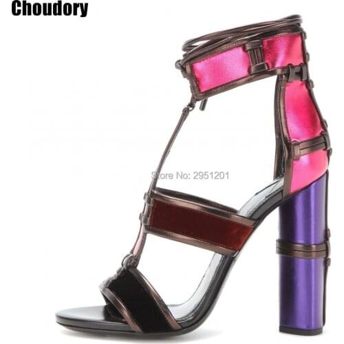 Sandals Black White Denim Purple Orange Patchwork gladiator sandals women Thick High Heels Lace Up shoes Top Quality