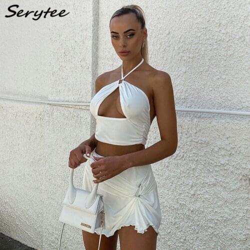 Serytee Women Sexy Two Piece Set Skirt Set For Women 2021 Summer Halter Hollow Out Crop Top And Ruffles Skirt Shorts Outfit Set