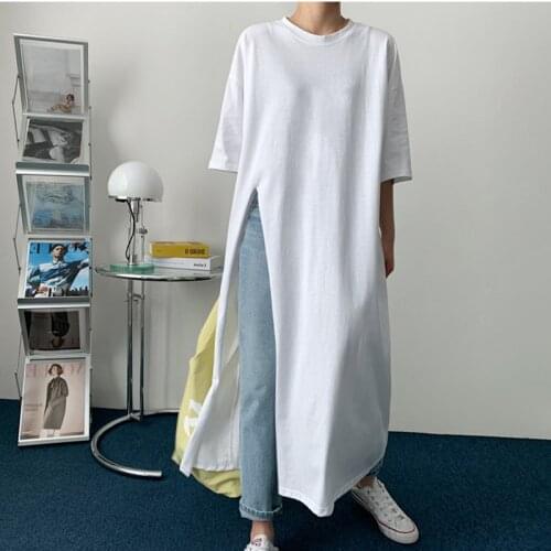 Johnature Casual Simple Long Slits Women T-Shirts 2021 Summer New O-neck Short Sleeve Solid Color Loose Female Tops 2 Colors