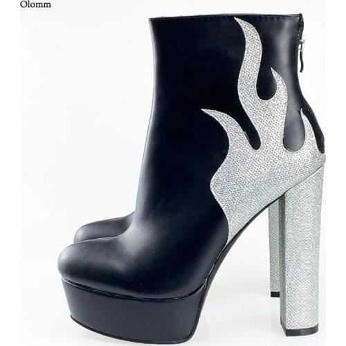 Olomm Handmade Women Winter Ankle Boots Side Zipper Block Heels Round Toe Pretty Flame Pattern Party Shoes Plus US Size 35-52