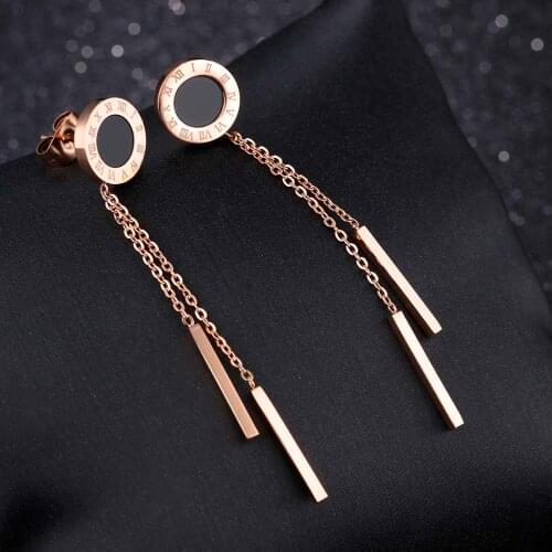 BOBOTUU Trendy Rose Gold Titanium Steel Dangle Earrings Roman Numerals Black Acrylic Disc Drop Earrings Female Jewelry BE17079