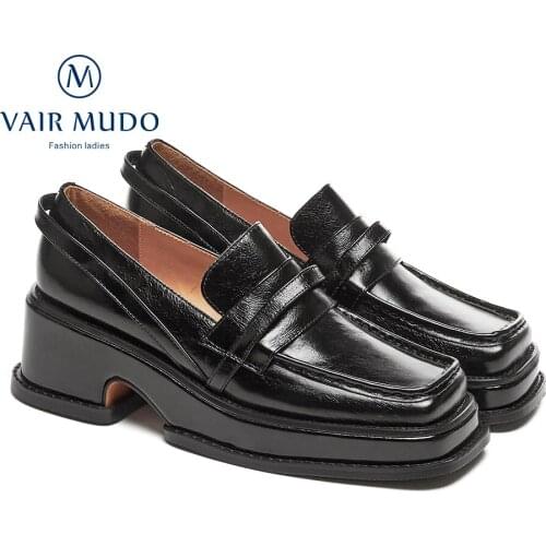 VAIR MUDO Women Pumps Thick Bottom Platform Shoes Genuine Leather High Quality Slip On Elegant Square Toe Pumps Shoes D120L