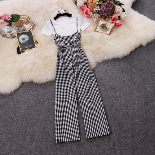 Retro Plaid Overalls 2021 Summer Fashion Short-sleeved T-shirt + Slim Slimming Casual Women Plaid Wide-leg Pants Two-piece 9031