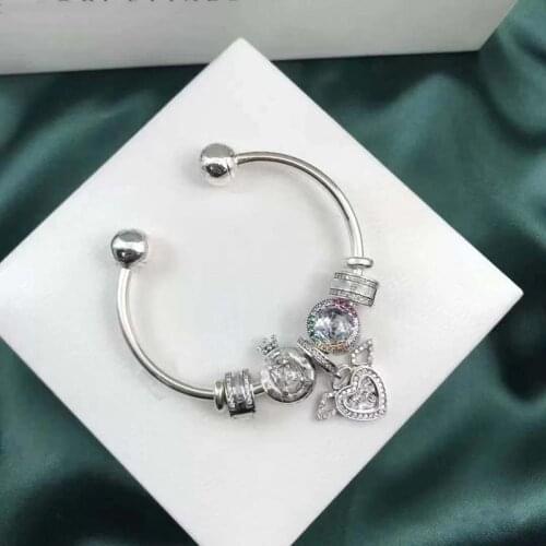 Original 925 Sterling Silver Crown Beads And Heart Pendant With Open Set Pan Bracelet For Women Wedding Gift Fashion Jewelry