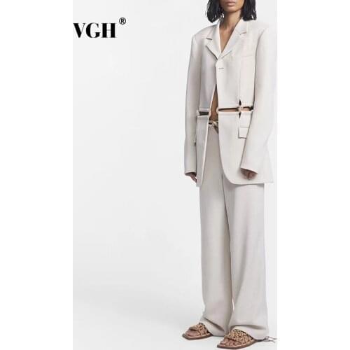 VGH Casual Solid Patchwork Trouser Suits Female Notched Long Sleeve Blazer High Waist Wide Leg Pants Loose Womens Suit 2021 New