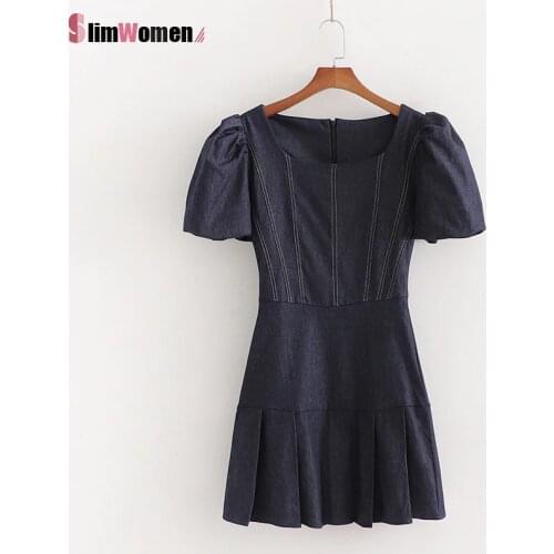 Women Summer Elegant Vintage Denim Dress Puff Short Sleeve Square Collar Mini Pleated Dress High Waist Corset Vestido Feminino