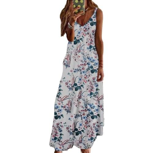 80%HOTMaxi Dress Floral Print V Neck Women Spaghetti Strap Large Hem Dress for Dating