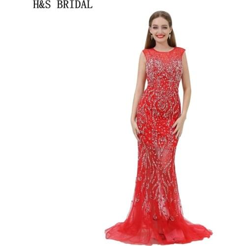 H&S BRIDAL O Neck Mermaid evening dresses long 2017 Red Evening Gown Tulle Backless Crystal Beaded arabic evening gowns dresses