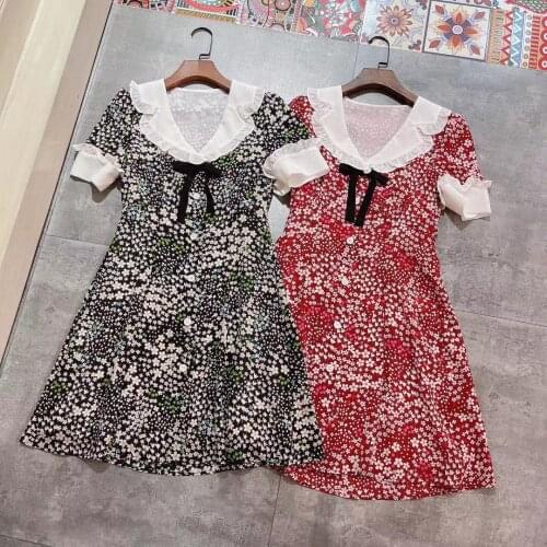 High Quality Woman Silk Dress Fashion Runway Retro Flowers Print V-Neck Short Sleeve Single Breasted Mini Shirt Dress
