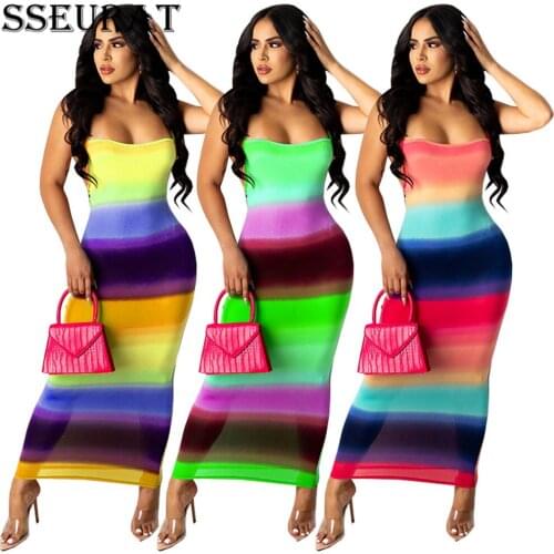 SSEURAT Women Long Dress Print Sleeveless Strap O-neck Strechy Bodycon Maxi Dresses Sexy Fashion Vintage Vestidos