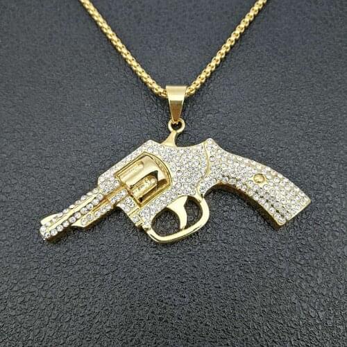 316 stainless steel gold color crystalss Submachine gun Hiphop Revolver Pendant Necklace Jewelry Accessories