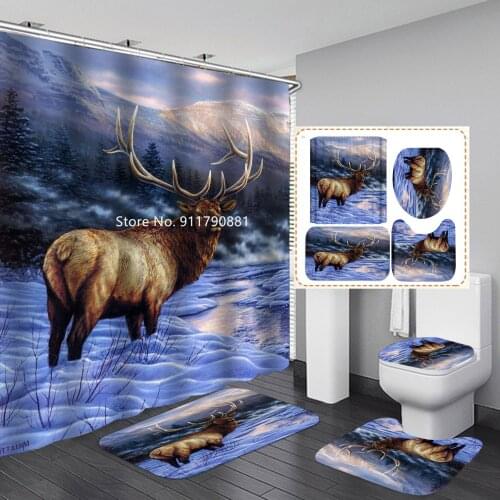 3D-printed Tarp Washable with Hook Shower Curtain Floor Mat Toilet Mat Animal Series Squirrel Shark Pattern Bathroom Decor