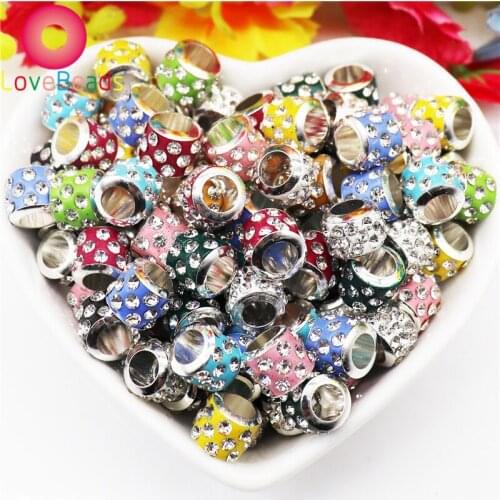 20 Pieces Color Rhinestone European Beads Silver Plated Big Hole Round Spacer Charms Bracelet Fit Pandora Snake Chain Jewelry