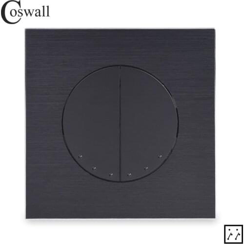 Coswall 2 Gang 3 Way Crossover Cross Conmutador Intermediate On / Off Wall Light Switch Black / Silver Grey Aluminum Metal Panel