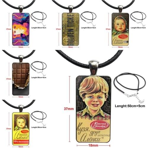 For Girls Best Gift Alenka Bar Wonka Chocolate Pretty Glass Pendant Necklace Handmade Half Pendant Rectangle Necklace